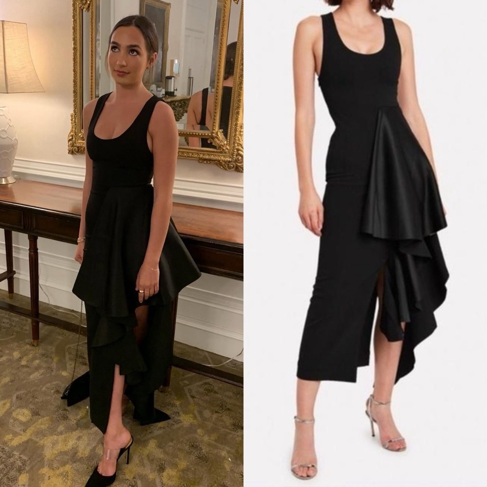 SOLACE LONDON Naya Satin Side Asymmetric Ruffle Maxi Dress Black Sz XS